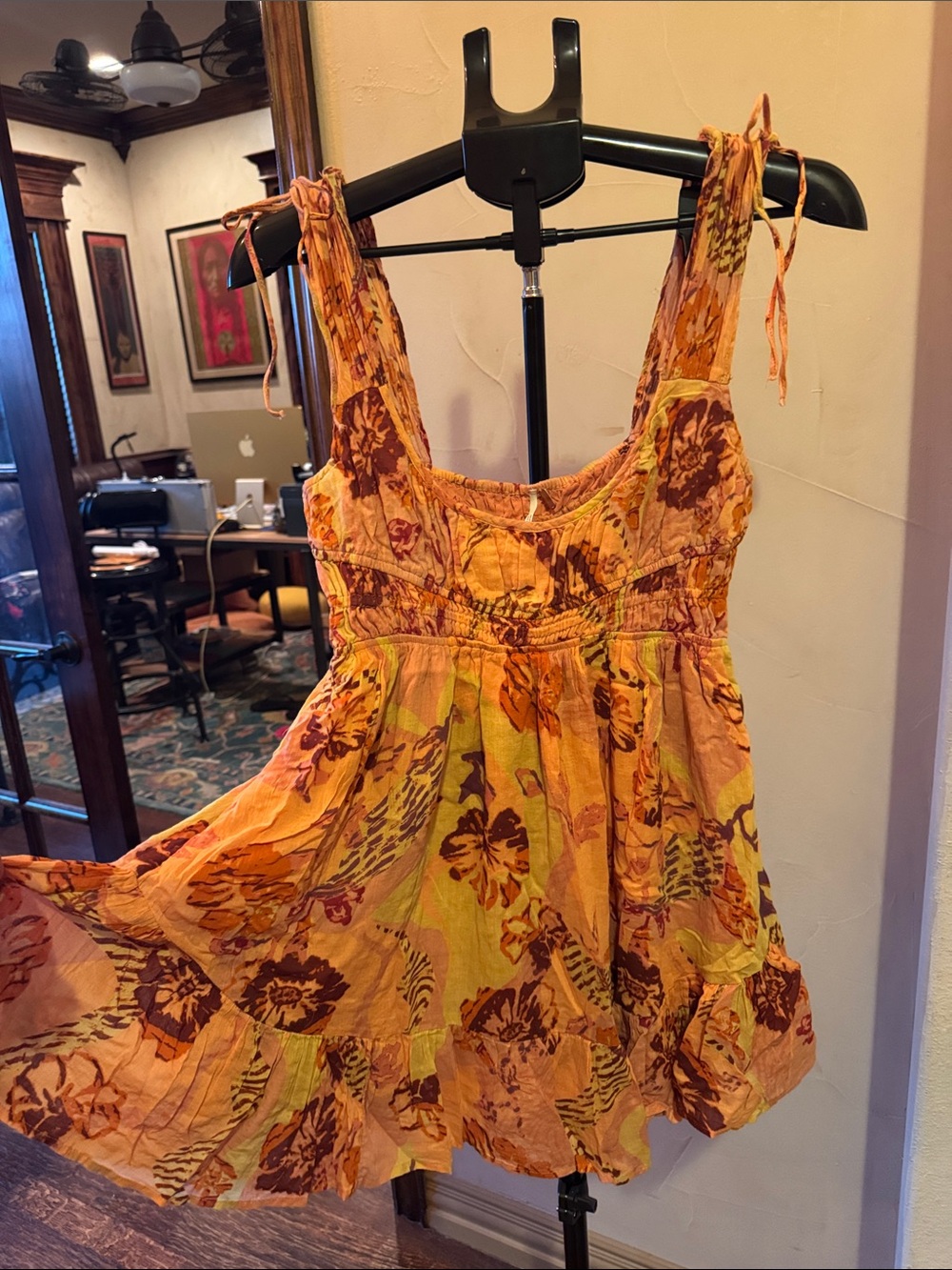 Free People Orange Floral Tie-Shoulder Mini Dress